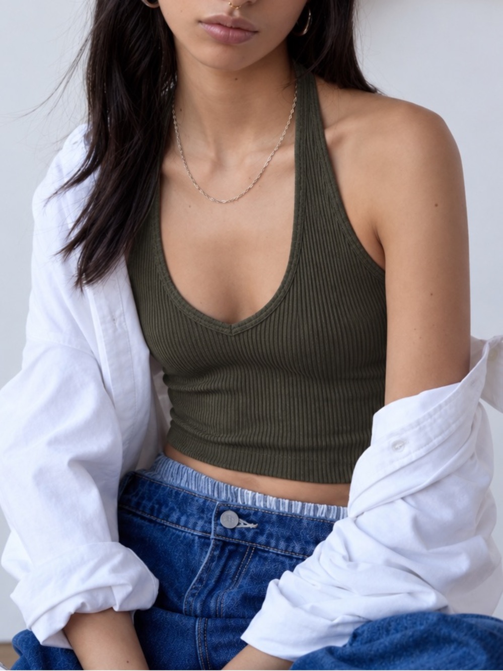 Urban Outfitters Olive Ribbed Halter Tank Top